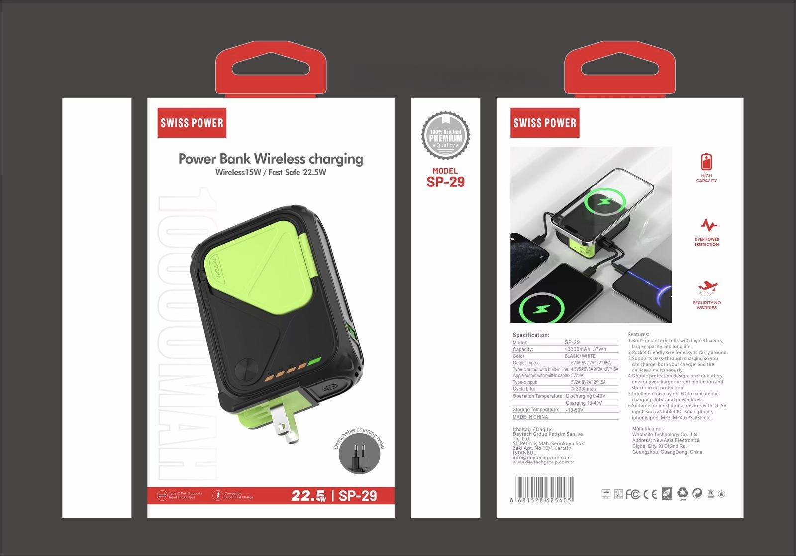 Swiss Power Dahili Wireless Magsafe (15W) Destekli Değiştirilebilir Başlıklı 10000mAh 22.5W Powerbank