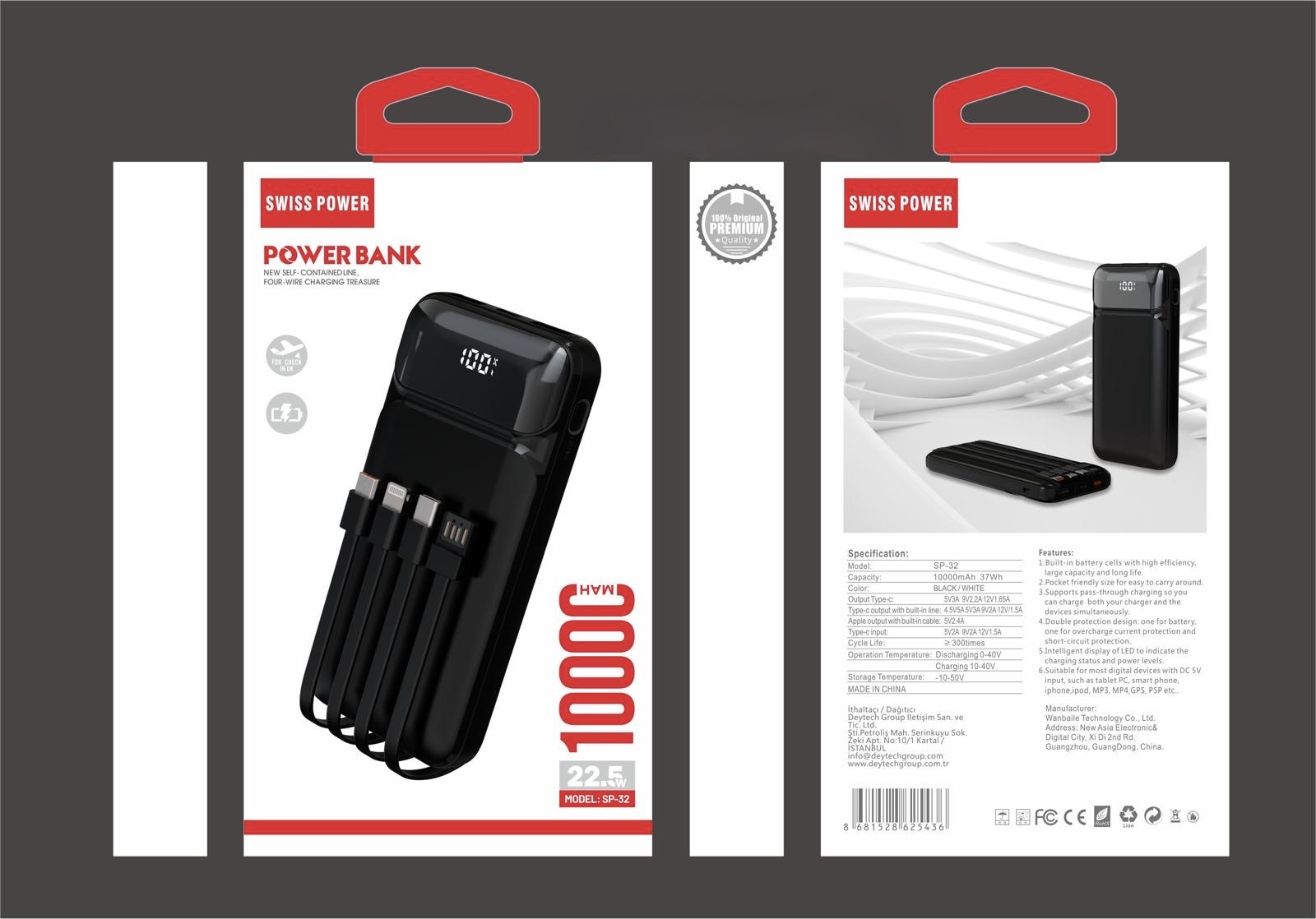 Swiss Power Dahili Kablolu 10000 mAh 22.5W Powerbank 