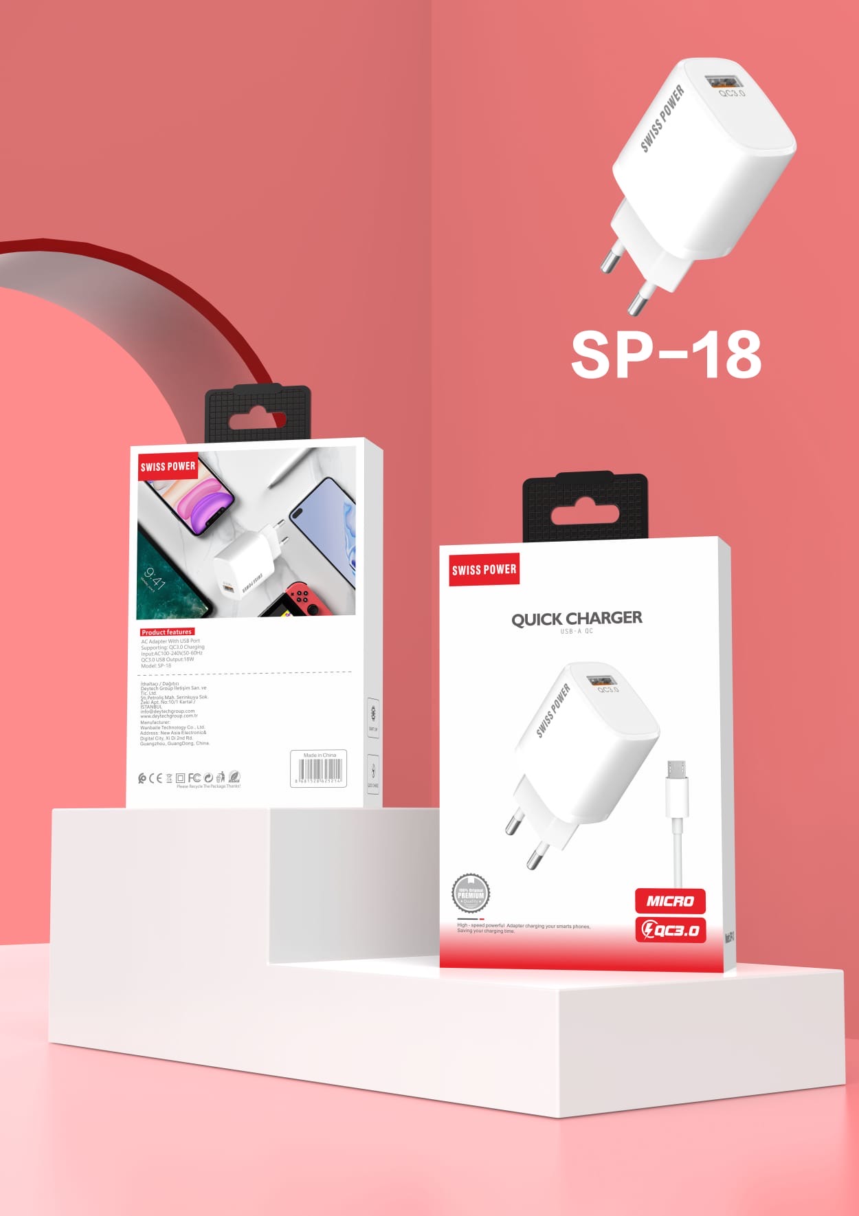 Swiss Power Micro Kablo USB-A Adapter QC3.0 15W Şarj Aleti Seti