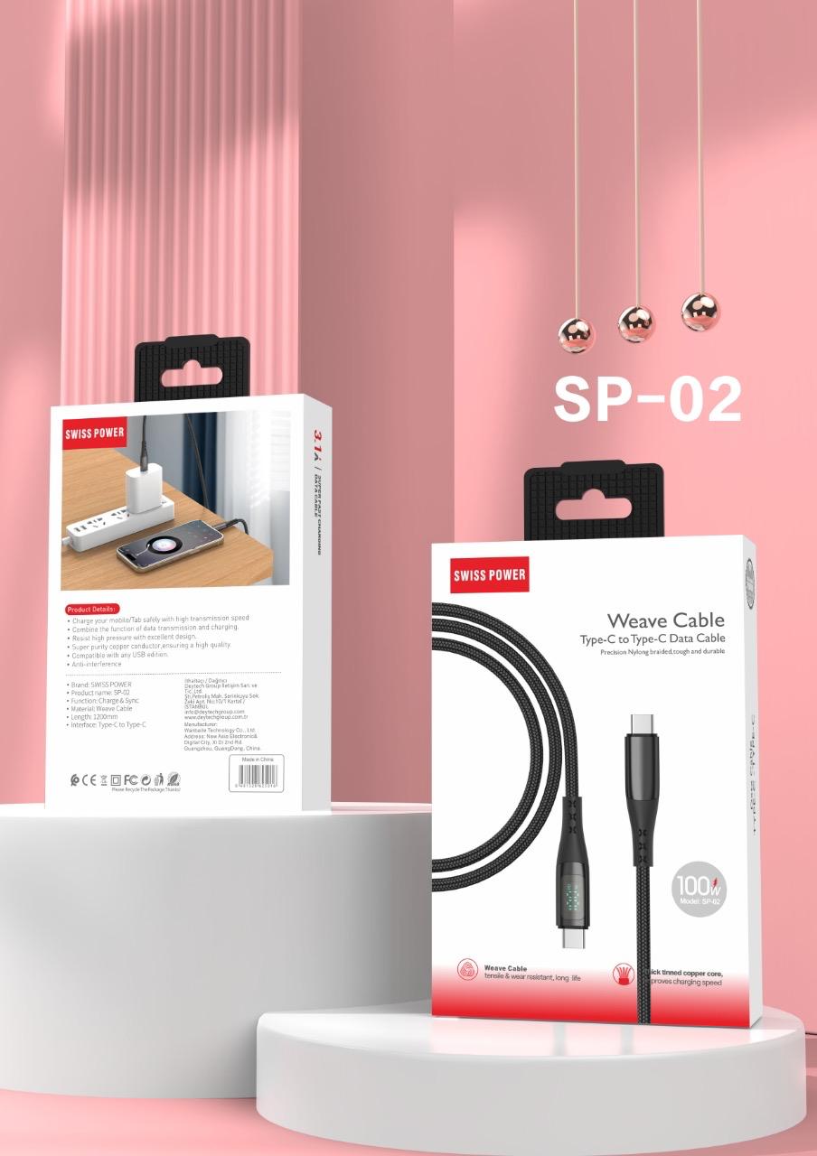 Swiss Power Örgü Dokulu Type-C to Type-C Watt Göstergeli 30W Hızlı Şarj Kablosu